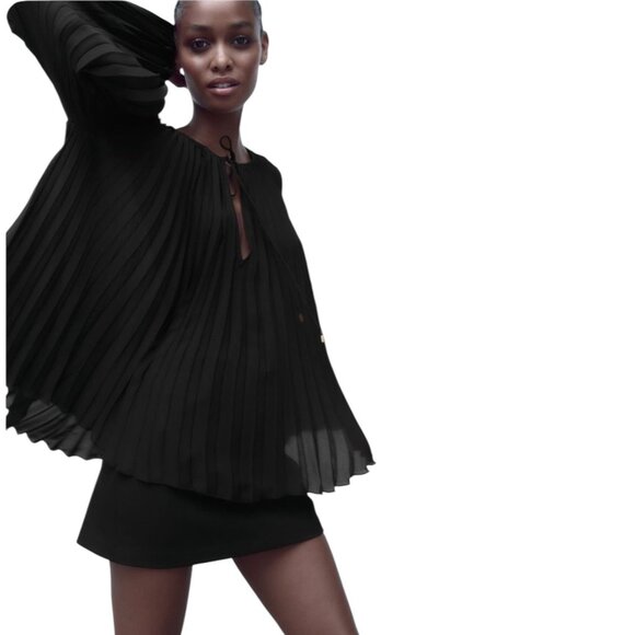 Zara Fine Pleated Tie Neck Chiffon Blouse Womens Size XS Trapeze Top Goth Boho - Picture 1 of 7